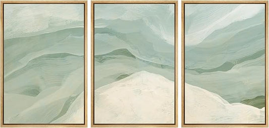 MUDECOR Framed Wall Art Print Set Pastel Waves Blue and White Tones Illustrations Modern Art Boho Decorative Colorful Chic for Living Room, Bedroom, Office - 24"x36"x3 Natural