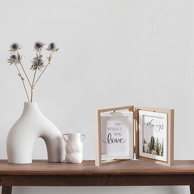 Wooden Hinged Double floating rotating Picture Frame for Photos, 4 * 6 5 * 7 vertical photo Natural Finish (wood color, 5 * 7in)