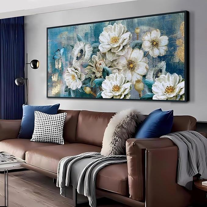 Arjun Large Black Framed Flower Canvas Wall Art for Living Room White Elegant Modern Painting for Bedroom Textured Gold Foil Turquoise Picture Floral Teal Artwork Home Office Decor, 48"x24"