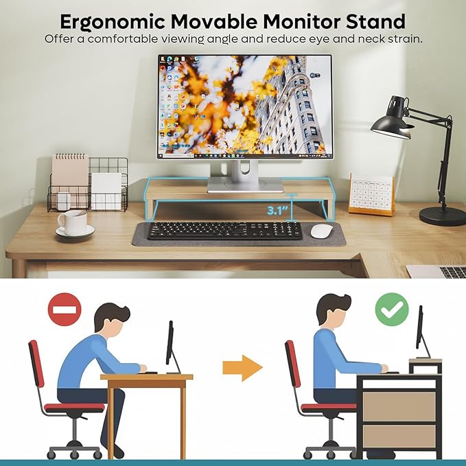 Bestier L Shaped Desk with File Drawer, 55.7" x 55" Office Computer Desk with Round Corners, Modern Desk with Monitor Stand & Fluted Panels for Home Office, Natural Oak