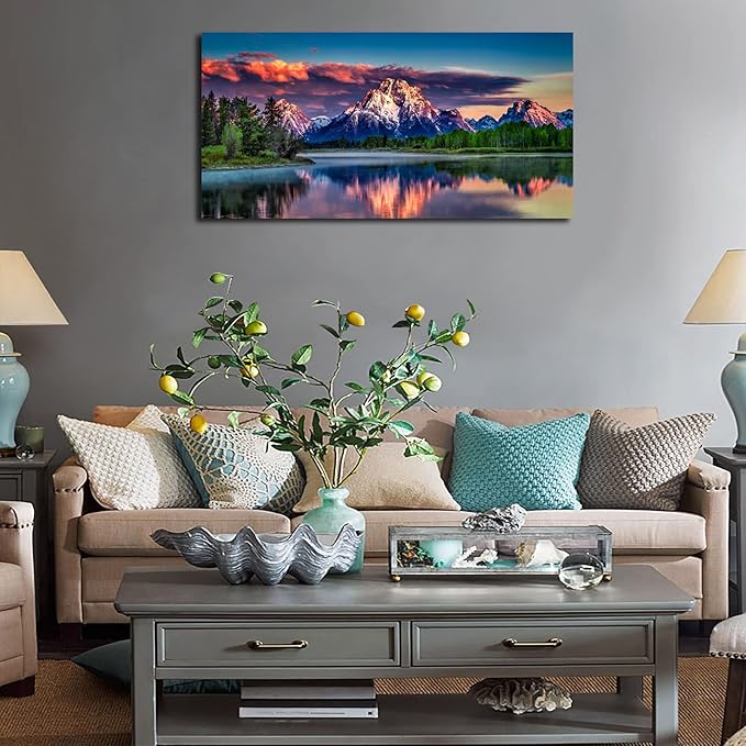 Sunset Landscape Canvas Wall Art for Living Room Grand Teton Wyoming National Park Picture Wall Decor Snake River Mountain Forest Nautre Prints Artwork Bedroom Bathroom Office Home Decor 20" X 40"