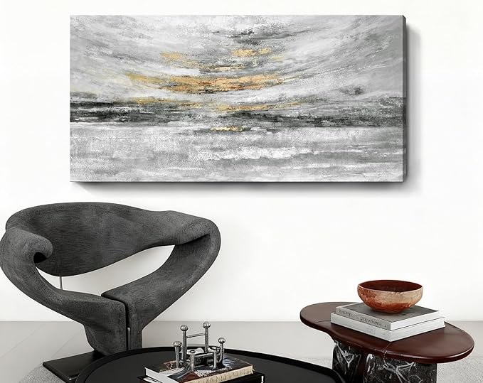 Nicetop Coastal Wall Decor 48x24 Inch, Abstract Canvas Wall Art Black White and Gold, Modern Ocean Artwork Ready to Hang for Living Room, Bathroom, Bedroom and Office | Minimalist