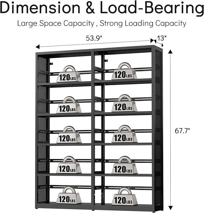 Large 5 Shelf Bookcase, Metal 5 Tier Bookshelf with Bookends, 54 Inch Wide Book Case, Tall Book Shelf Organizer, Black Bookcases for Library, Home Office, School, Clinic-Assemble Required