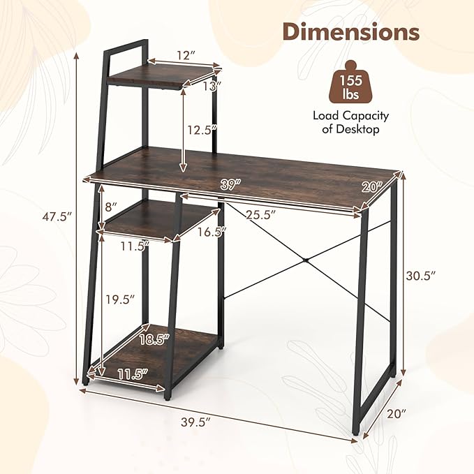 Giantex Computer Desk with Shelves, 47.5” Home Office Desk with Bookshelf, Host Stand, Metal Frame, PC Laptop Workstation, Modern Study Writing Desk for Bedroom, Small Space (Rustic Brown & Black)