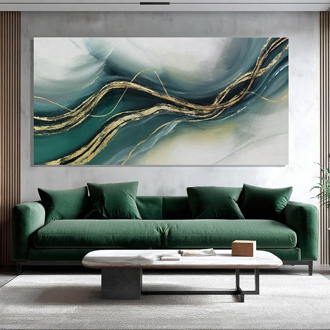 ZENPEE Gold Home Decor, Canvas Wall Art, Green Large Abstract Art for Living Room, Office, Bedroom & Dining Room, 24" x 48"