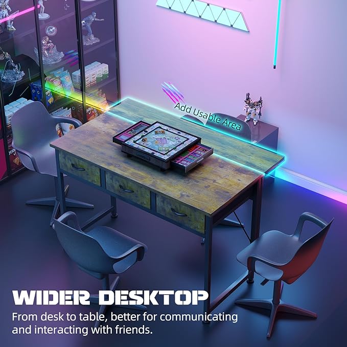 MUTUN Computer Desk with Drawers, 40 Inch Computer Desk with Power Outlet & LED Light, Gaming Desk with Adjustable Monitor Stand & Pegboard, Modern PC Study Writing Table for Bedroom, Rustic Brown