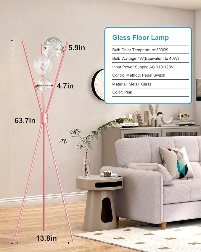 Lightdot Tripod Floor Lamp Dimmable Pink Standing Lamps with Globe Clear Glass Lampshade 3PCS 3000K Bulbs Included Mid Century Modern Floor Lamp for Living Room/Bedroom/Sofa Beside/Corner Decor