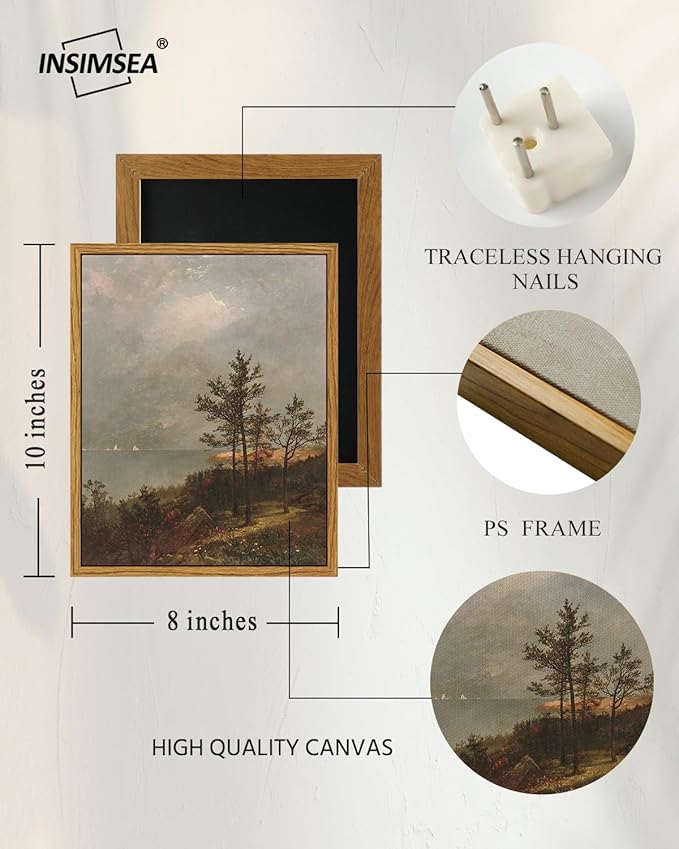 InSimSea Framed Canvas Print Art, Vintage Lakeside Pine Forest Landscape Painting, Rustic Farmhouse Cottage Decor for Hallway Wall Floating Shelf Desk Vanity Fireplace,10x8in, Neutral Tones
