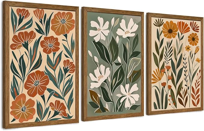 InspiredHues 3 Piece Abstract Boho Floral Canvas Wall Art, Green Beige Flower Market Wall Decor, Minimalist Colorful Botanica Artwork Prints for For Living Room Bedroom Office 16x24 Inch Wood Framed