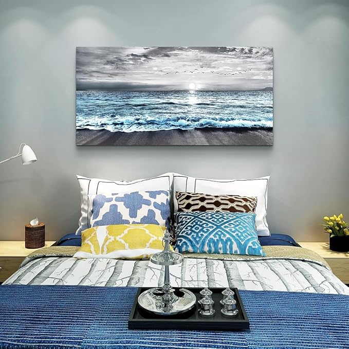 Large Size Canvas Wall Art - Modern Office & Bedroom Decor - Black & White Blue Ocean Sea Wave Pictures - 24"X48"