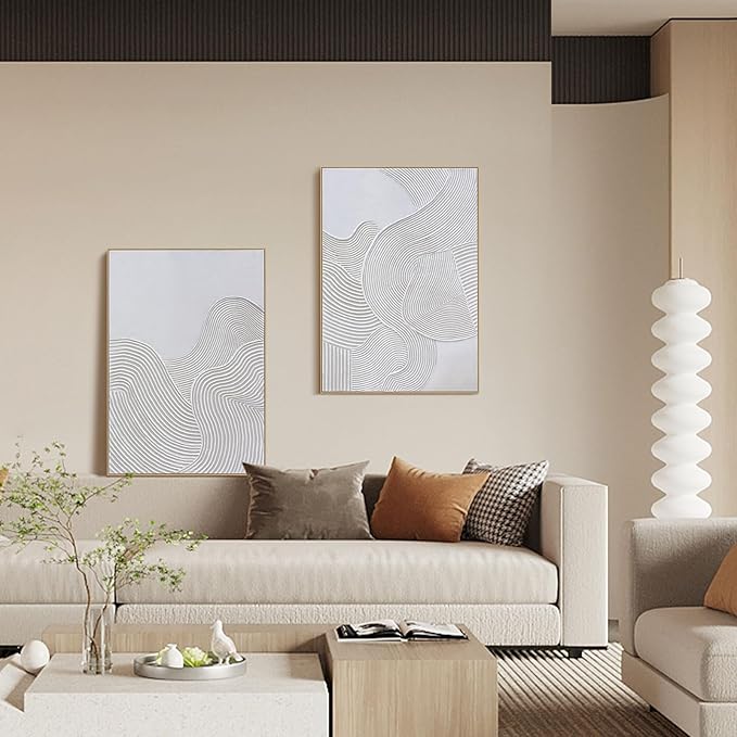 Framed Neutral Abstract Wall-Art Painting - Large Abstract Canvas Wall Decor 3D Curve Illustrations Hand painting for Living Room, Bedroom, Office - 2 Piece 28 x 40 Inch, Ready to Hang