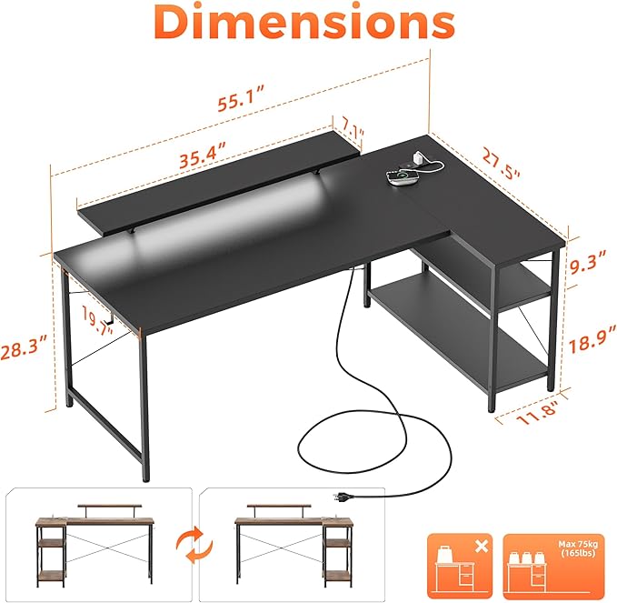 Mericonia Small L Shaped Computer Desk with Power Outlets, Reversible Gaming Desk with Storage Shelves & Monitor Stand, Corner Gamer Desk Table, Study Writing Table