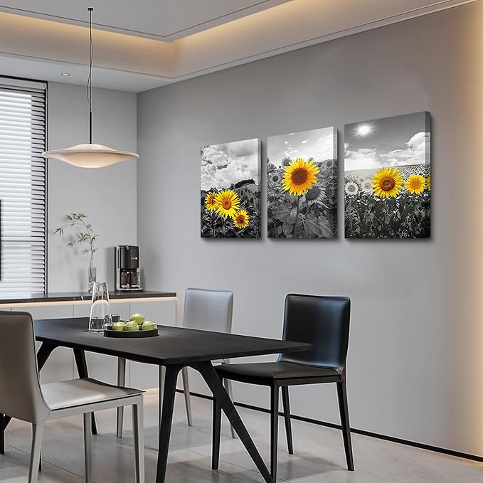 Canvas Wall Art - Family Wall Decor, Kitchen & Bedroom - Black & White Pastoral Scenery - Sunflower Flowers - 16x12, 3 Piece