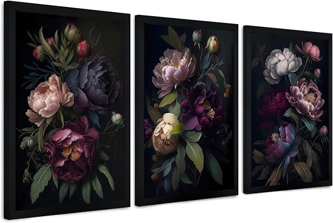Krtoni 3PCS Framed Dark Flower Wall Art, Neutral Black Peony Floral Canvas Artwork Prints, Rustic Boho Farmhouse Flower Botanical Picture Paintings for Living Room Bedroom Office 12W x 16H
