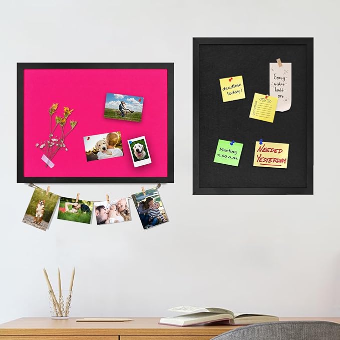 Pink Bulletin Boards Cork Board with Felt, 17"x13" Small Display Pin Board Vision Board for Walls, Jewelry, Notes, Collection, Photos, Office, Wood Framed(Black) & Felt(Pink), 1pc