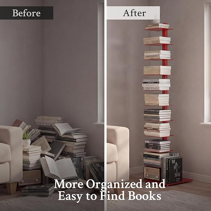 Suchtale 11-Tier Spine Bookshelf Tower,Tall Vertical Book Organizer,Metal Floor Standing Bookshelf for Small Spaces,Narrow Bookcase for Living Room,Bedroom & Office,Adjustable Shelf Directions,Red