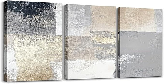 jejeloiu 12"x16"x3pcs Abstract Oil Painting Office Decorations Artwork Posters Abstract Art 3 Piece Canvas Wall Art for Living Room Bedroom Beige White Modern Picture Wall Decor