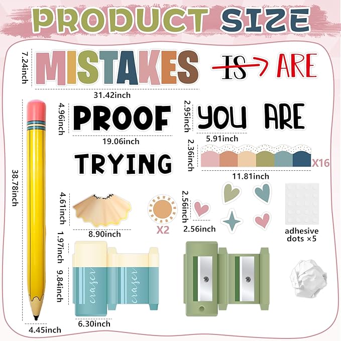 3D Back to School Bulletin Board Set with Pencil Balloon Inspirational Educational Classroom Decor Mistakes are Proof You are Trying Bulletin Board for Teacher Supplies Boho Pencil