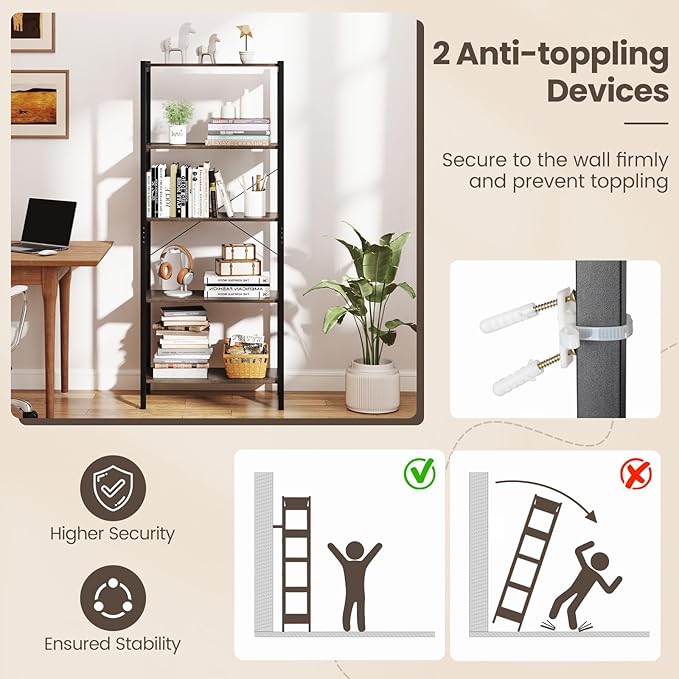 Giantex Industrial 5-Tier Wood Bookshelf - 63.5’’ Tall Open Storage Organizer Shelves with Anti-Tipping Device and Foot Pads, Steel Frame Bookcase Display Rack for Living Room, Bedroom, Office, Grey