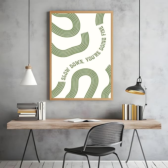 Slow Down You’re Doing Fine Wall Art Retro Minimalist Motivational Quote Music Poster Inspirational Midcentury Song Lyrics Sage Green Canvas Prints for Bedroom Home Decor 8x12inch Wood Color Framed