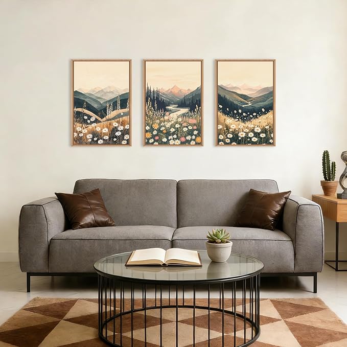 Large Boho Wildflower Framed Canvas Wall Art,Vintage Mountain Wall Decor,Nature Floral Prints,Rustic Daisy Landscape Artwork for Living Room,Bedroom,Dining Room -16"x24"x3