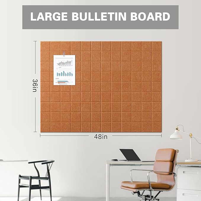 Large Cork Board, 12 Pack Felt Wall Tiles with Safe Removable Adhesive, Bulletin Board for Office, Pin Tack Corkboard for Quilting Design & Dart Wall Protector 48" x 36" - Goldenrod