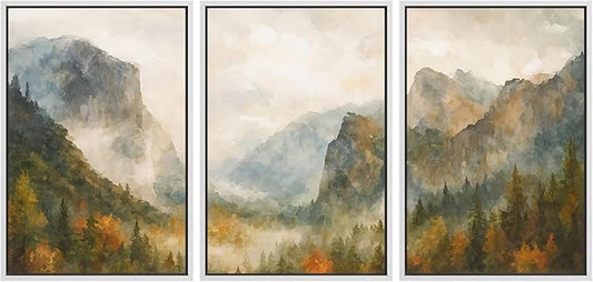 SIGNFORD Framed Wall Art Print Set Misty Mountain Valley Watercolor Serene Nature Landscape Digital Art Modern Art Contemporary for Living Room, Bedroom, Office - 24"x36"x3 White