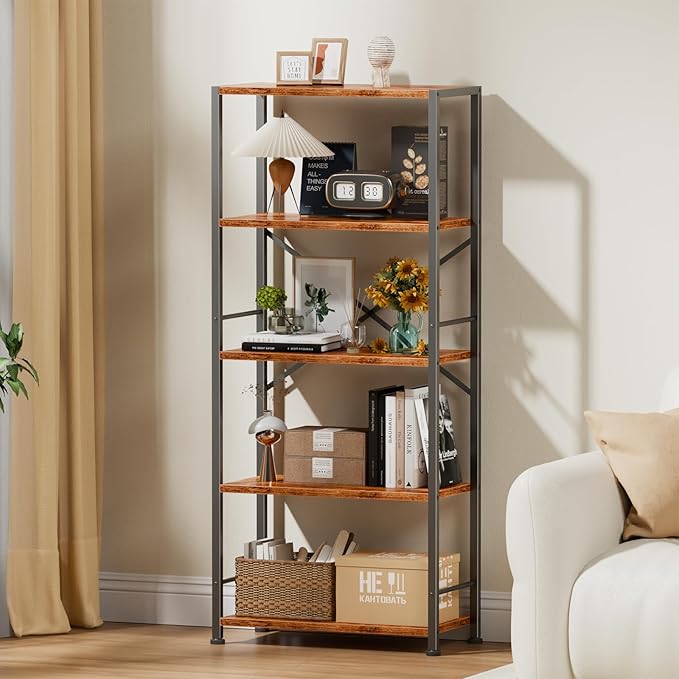 Furologee 5 Tier Book Shelf Set of 2, Tall Wide Bookshelf, Industrial Open Bookcase, Display Shelves Storage Organizer, Shelving Unit for Living Room, Home Office, Bedroom, Rustic Brown