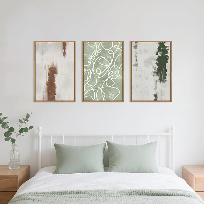 Large Abstract Green Brown Geometric Framed Canvas Wall Art Set,Minimalist Neutral Brush Stroke Wall Decor,Modern Watercolor White Curved Lines Artwork for Living Room,Bedroom,Office-24 x36 x3