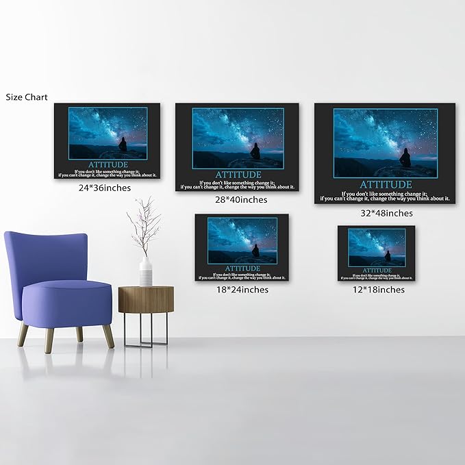 UZMKM - Inspirational Canvas Wall Art, ATTITUDE Mindset Quotes Waman Watch Star Picture Prints, Success Framed Company Poster, Positive Quotes Wall Painting for Home Office Workplace 24x36 Inch