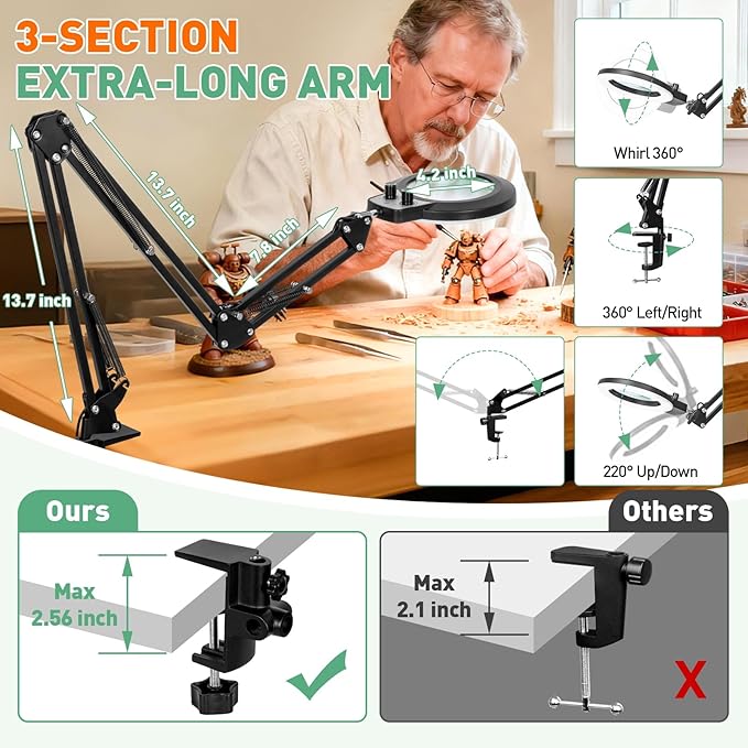 12X Magnifying Glass with Light, Ultra Long 3 Section Arm LED Desk Lamp with Large Clamp, 3 Color and Brightness Hands Free Magnifier Light for Workbench Craft(12X 35in Circular Knob Clamp)