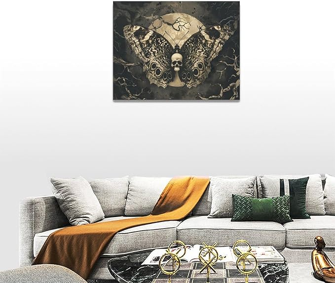 Skull Gothic Wall Art Skeleton Butterfly Dark Spooky Pictures Wall Decor Goth Horror Canvas Painting Home Modern Artwork Decorations Framed for Bathroom Living Room Bedroom Office 16x12 inch