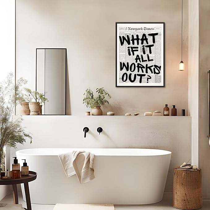 What If It All Works Out Wall Art Retro Black and White Newspaper Motivational Poster Positive Affirming Quote Minimalist Canvas Print for Bedroom Living Room Home Decor 8x12inch Aluminum Framed