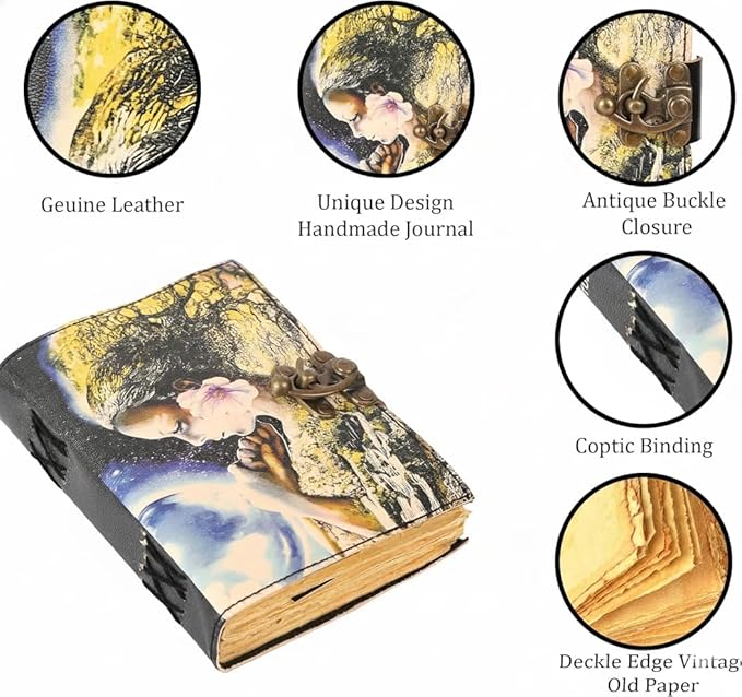 TUZECH Book of Spells Leather Bound Journal Deckle Edge Paper Grimoire Printed Diary Third Eye witchcraft supply and Witch Spell Notebook Antique Vintage Book for Men and Women (Guardian Of Nature)