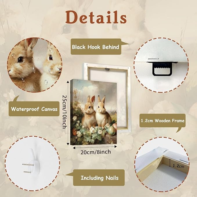 CHDITB Easter Framed Canvas Wall Art Set, Vintage Bunny Rabbit Chick Lamb Artwork, Spring Farmhouse Wall Decor, Easter Eggs Tulip Poster, Country Farm Painting For Living Room Bedroom Decor 8”X10”