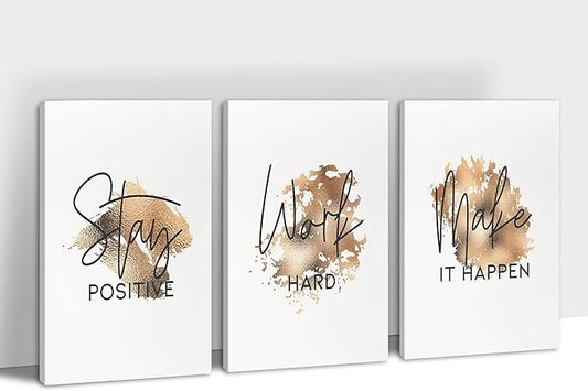 SHMAO Brown Office Canvas Wall Art Motivational Wall Decor, 3 Piece Stay Work Make Print Pictures for Office Wall Decor Women Inspirational Framed Artwork Home Office Decor 16”x24”x3 Panels