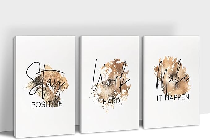 SHMAO Brown Office Canvas Wall Art Motivational Wall Decor, 3 Piece Stay Work Make Print Pictures for Office Wall Decor Women Inspirational Framed Artwork Home Office Decor 12”x18”x3 Panels