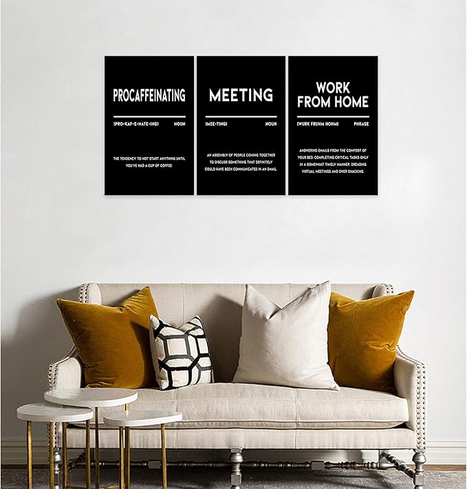 3 Piece Inspirational Canvas Wall Art, Quotes "Procaffeinating - Meeting - Work From Home" Motivational Print Pictures, Triptych Entrepreneur Poster Framed Artwork for Men Women Room Decor(48"Wx24" H)
