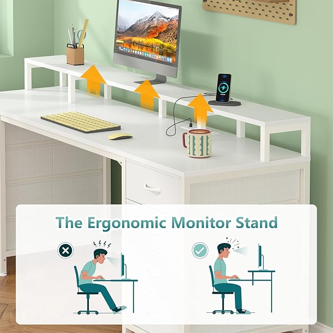 60 Inch Computer Desk with 8 Fabric Drawers, Gaming Desk with LED Lights & Power Outlets, Home Office Desk with Monitor Stand, White