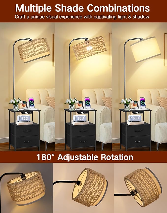 Floor Lamp with Table, 2 Drawers & Rattan, Side End Table with Charging Station, Dimmable Nightstand with 3 Color Temperature, 1-Hour Timer, 12W LED Bulb, for Living Room, Bedroom(Black)