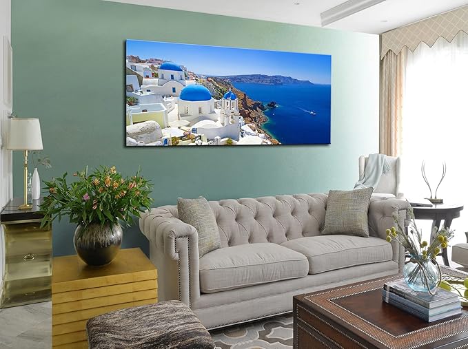 Large Canvas Print Wall Art Santorini in Greece Painting Wall Decor, Blue Coastal Landscape Artwork Seascape Pictures for Living Room, Bedroom, Office Decoration - 20"x40"