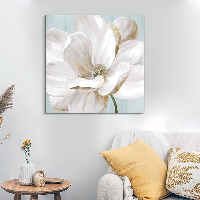 SEVEN WALL ARTS White Magnolia Flower Canvas Wall Art Floral Pictures Decor Vintage Nature Botanical Painting Modern Large Size Farmhouse Artwork for Bedroom Living Room Office 32"x 32"
