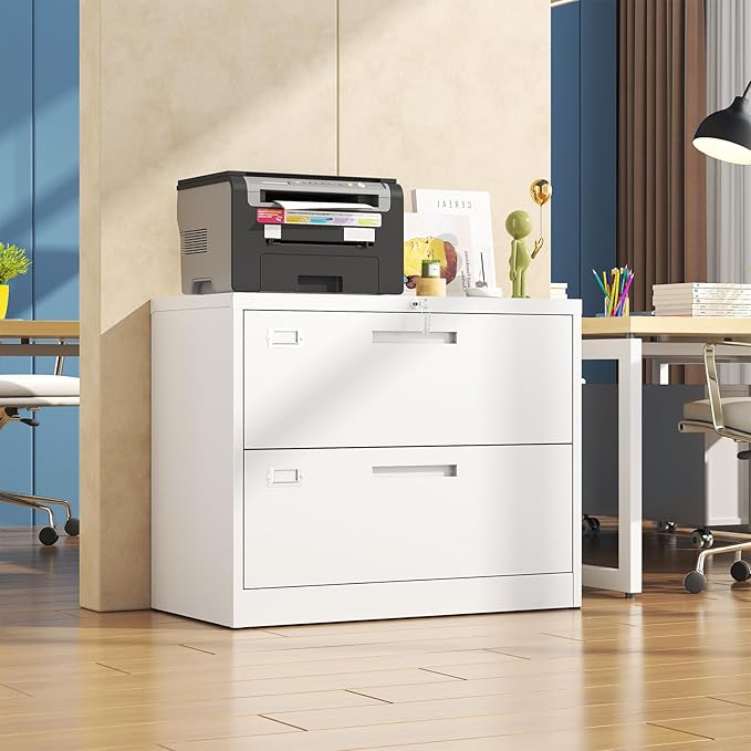 2 Drawer Locking Lateral File Cabinet, Wide&Deep White Metal Filing Cabinet for Letter/Legal/A4/F4 Files, Includes Card Holder and Hanging Folders for Home Office, School, Business