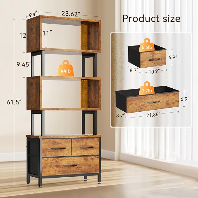 Casaottima 7 Tier BookShelf, Tall Geometric Bookcase with Fabric Drawers, Modern Display Book Shelves Book Case for Living Room Bedroom, Wood Decorative Standing Shelving Unit for Home Office, Vintage