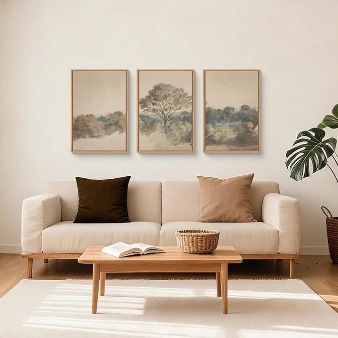 Abstract Hazy Forest Landscape Framed Canvas Wall Art Set,Vintage Natural Earth Tone Woodland Wall Decor,Neutral Wilderness Trees Botanical Artwork for Living Room, Bedroom,Farmhouse-16 x24 x3