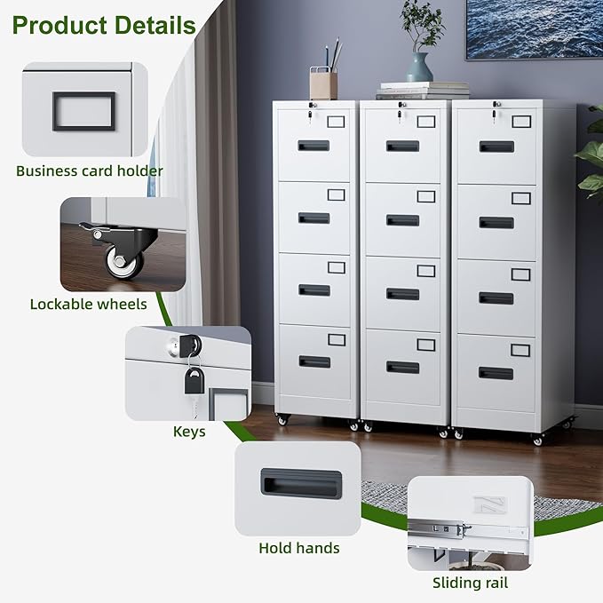 Aobabo 4 Drawer Filing Cabinet with Wheels, Lockable Metal File Cabinet with Name Card for Office and Home,Required Assembly,White