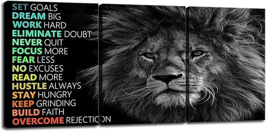 Inspirational Office Decor Wall Art Motivational Canvas Wall Art Lion Posters Entrepreneur Quote Wall Paintings Picture 3 Pieces Artwork for Home Bedroom Decor Framed Ready to hang[36''Wx 16''H]