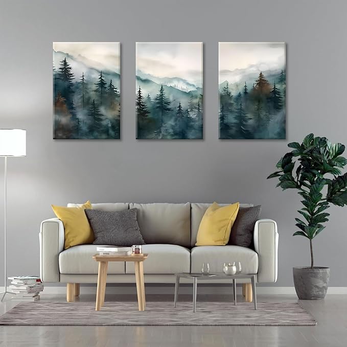 Bwodke Canvas Wall Art Mountain Framed Wall Art Set of 3 Boho Nature Landscape Picture Decor Pine Forest Prints Artwork Painting for Living Room Bedroom Office 12"x16"