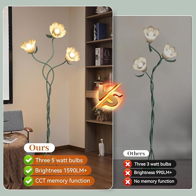 Vintage 3 Heads Flower Floor Lamp with Adjustable Gooseneck Corner Standing Tall Floor Lamp 3 Color Modes for Living Room Bedroom Reading Decoration Vine Floral Lamp with Lily of The Valley