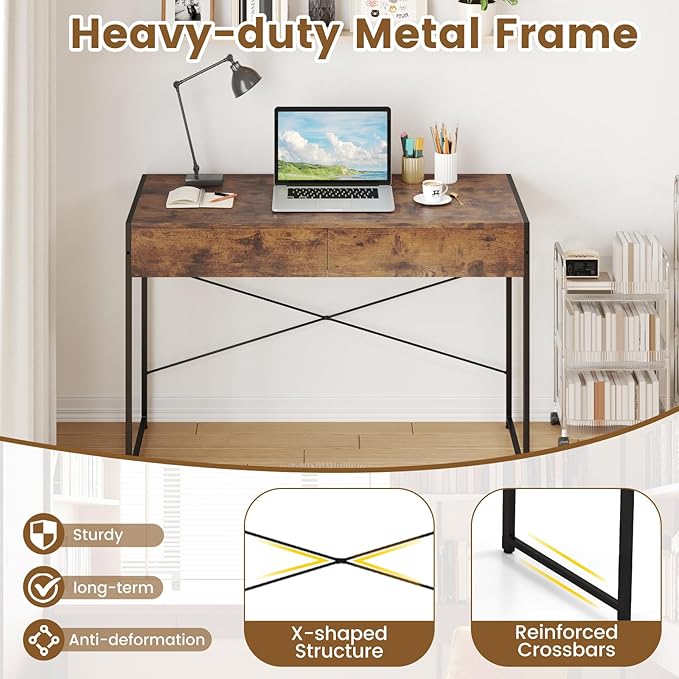 Giantex Computer Desk with 2 Drawers, 44 Inch Home Office Desk with Anti-Toppling Device & Metal Frame, Compact Laptop PC Table, Vanity Table, Modern Study Writing Desk for Small Spaces (Rustic Brown)